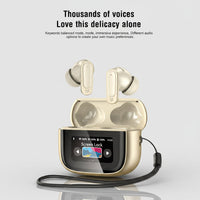 Smart Touch Wireless Earbuds Full Color touch screen with charging case on a wooden background