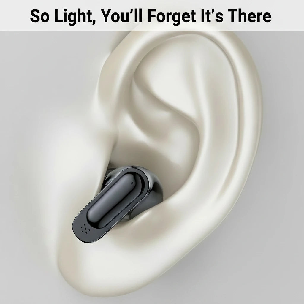 Black Smart Touch Wireless Earbuds in an ear with text about comfort and sensitivity