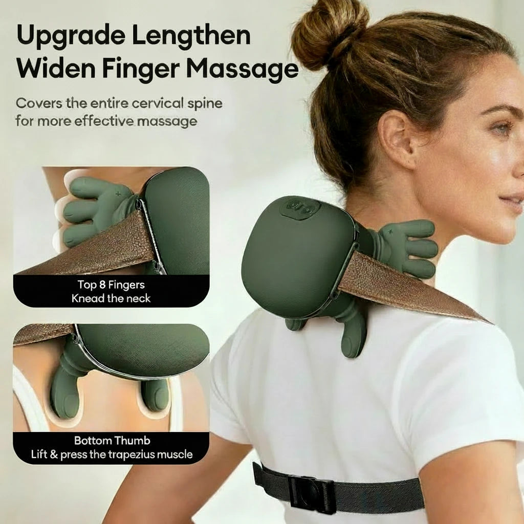 Woman using a neck and shoulder massager with text describing its features.