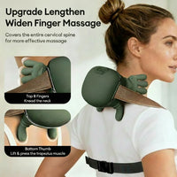 Woman using a neck and shoulder massager with text describing its features.