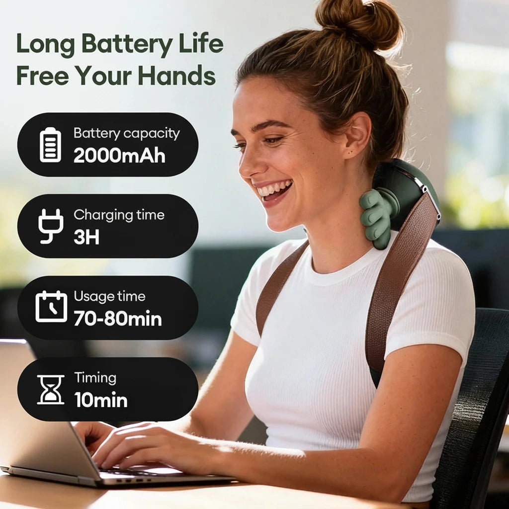 Woman using a laptop with a green neck and shoulder massager, surrounded by product features.