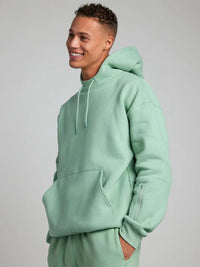 Person wearing a light green hoodie on a plain background