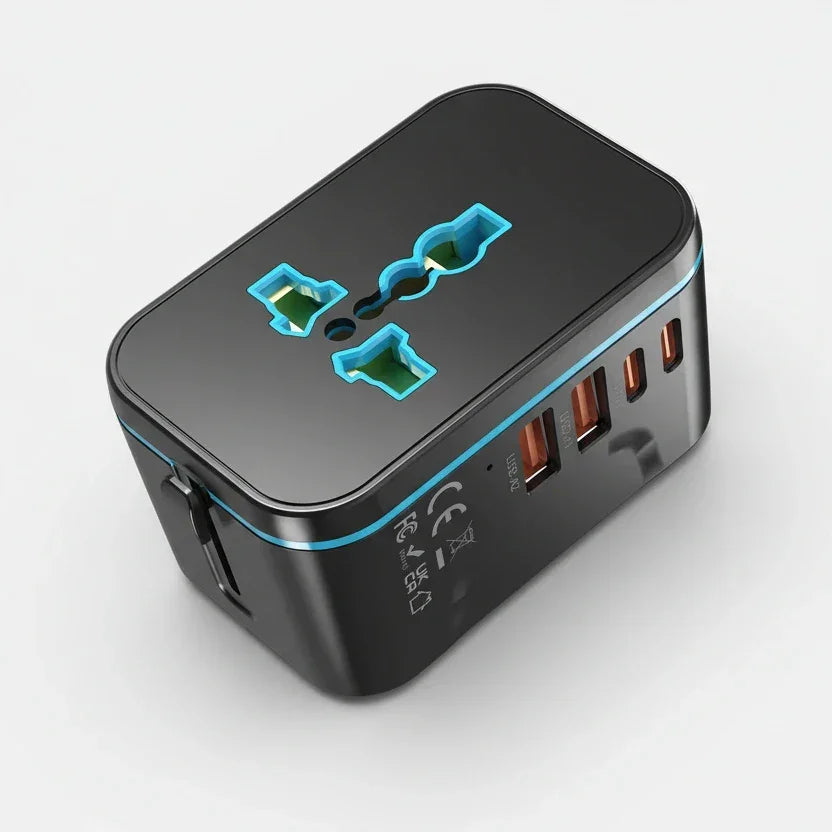 Black travel adapter with multiple ports on a white background