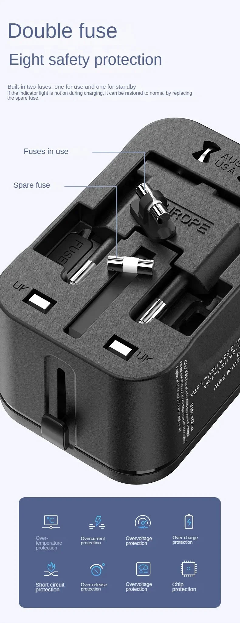 Black travel adapter with multiple ports on a white background