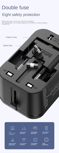 Black travel adapter with multiple ports on a white background