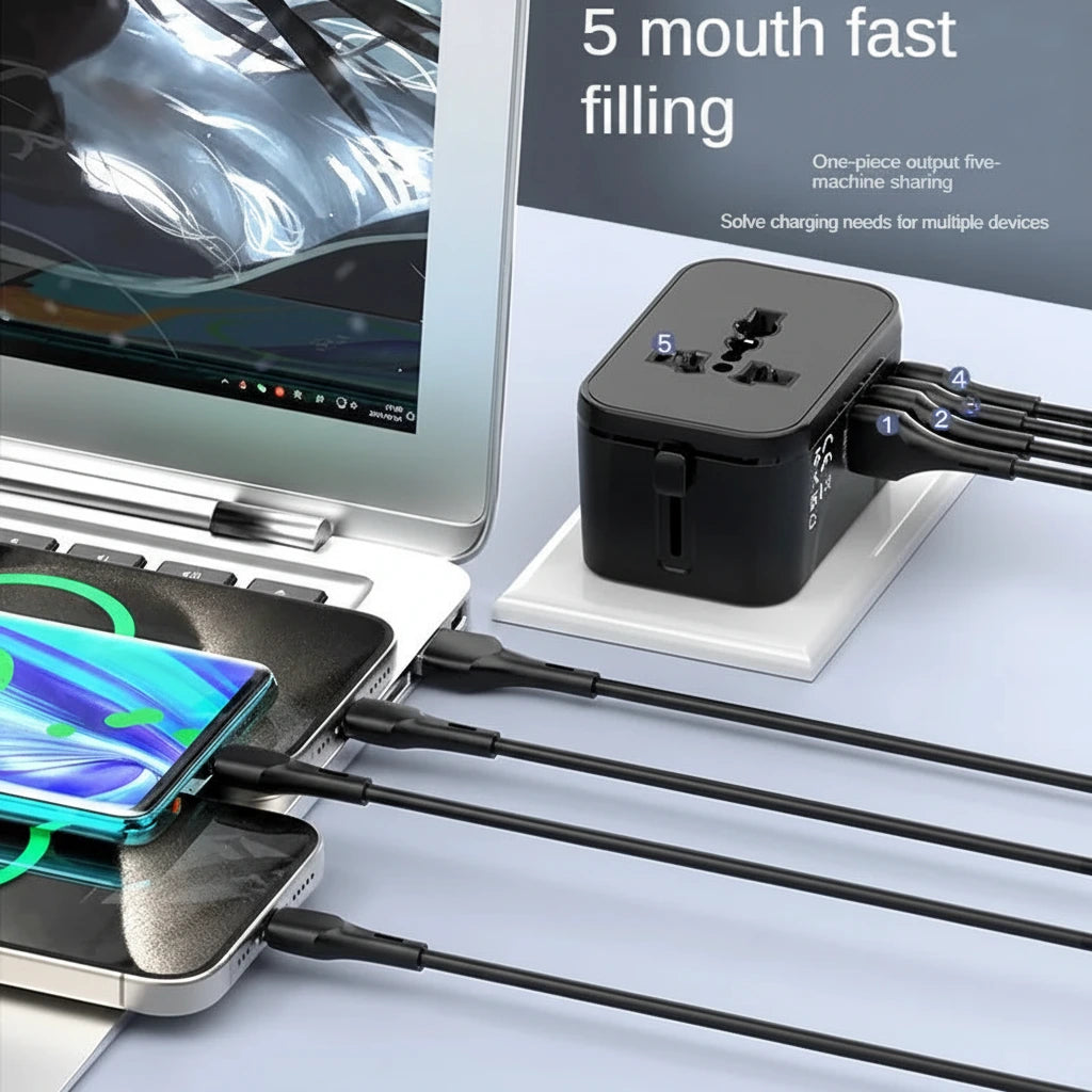 Multi-device charging adapter with multiple cables connected to a laptop and phone, on a light gray background.