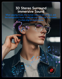 Person wearing 3D stereo surround sound glasses with musical notes around, text about immersive sound experience.