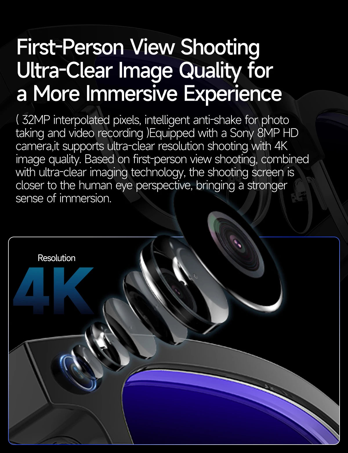 Camera lens with text about ultra-clear image quality and first-person view shooting.