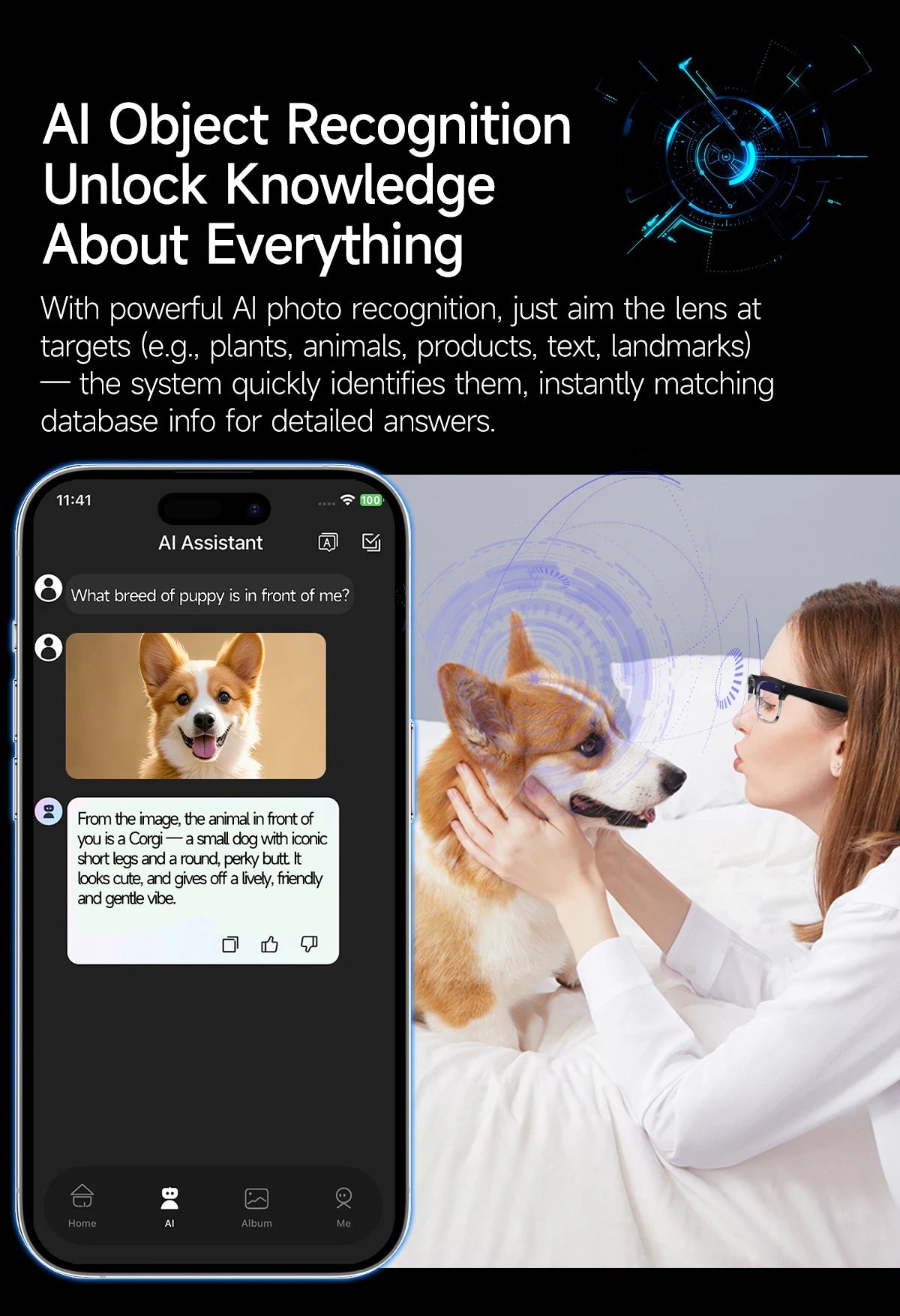 Smartphone app interface with AI assistant feature, showing a dog and a woman, with text about AI object recognition.