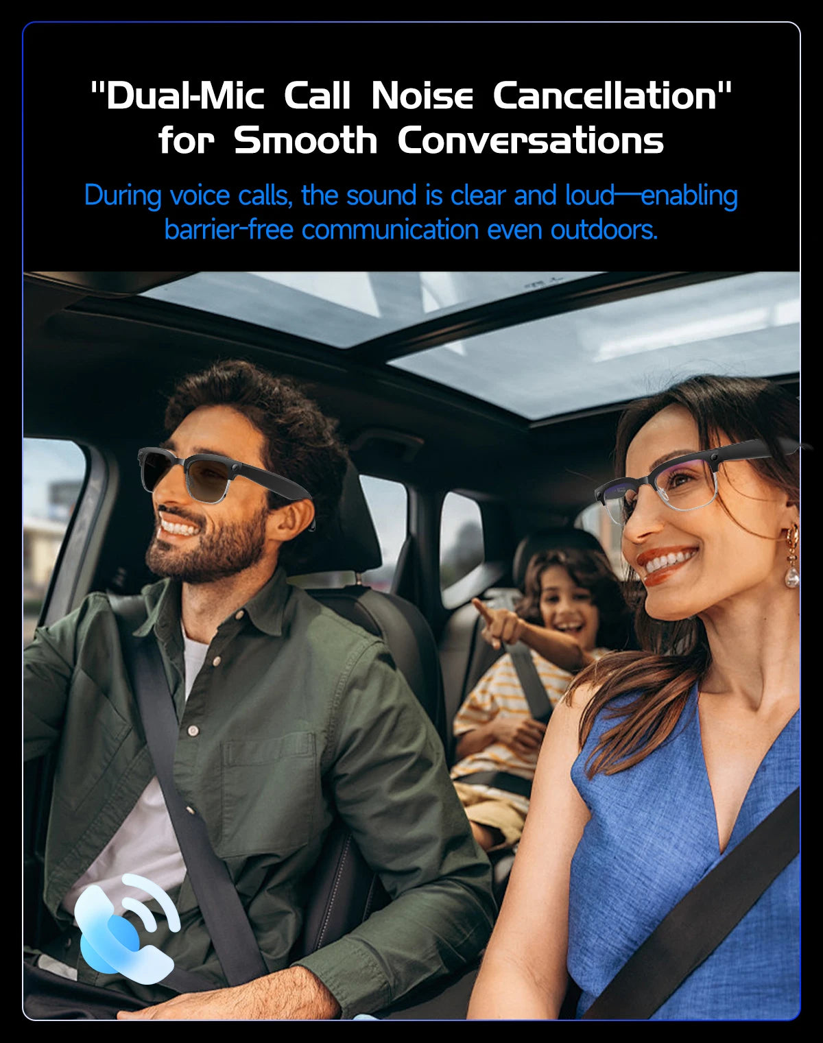 Family in a car with text about dual-mic call noise cancellation