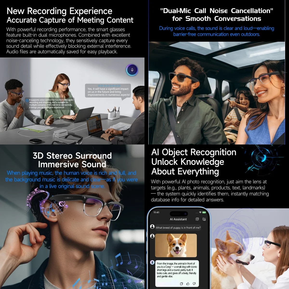 Promotional collage of smart glasses with features like dual-mic call noise cancellation, 3D stereo surround sound, and AI object recognition.