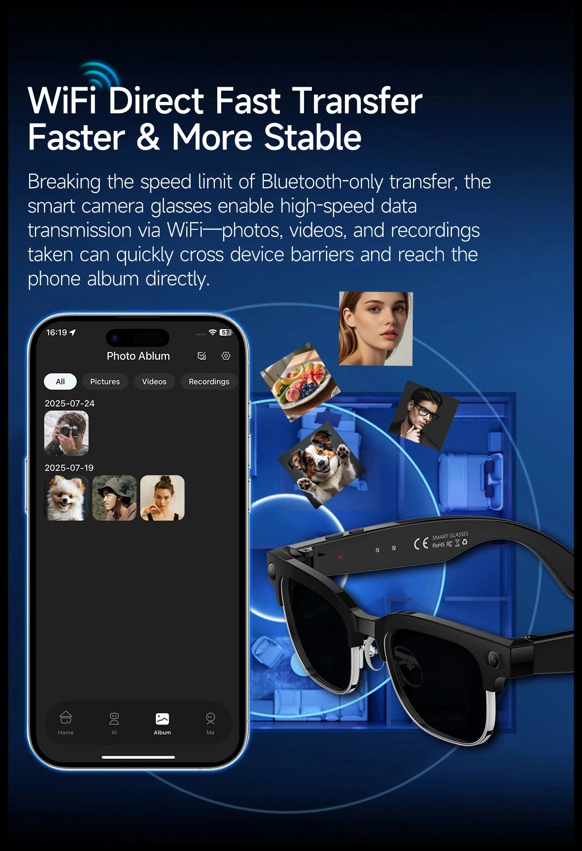 Smart camera glasses with smartphone app interface on a blue background