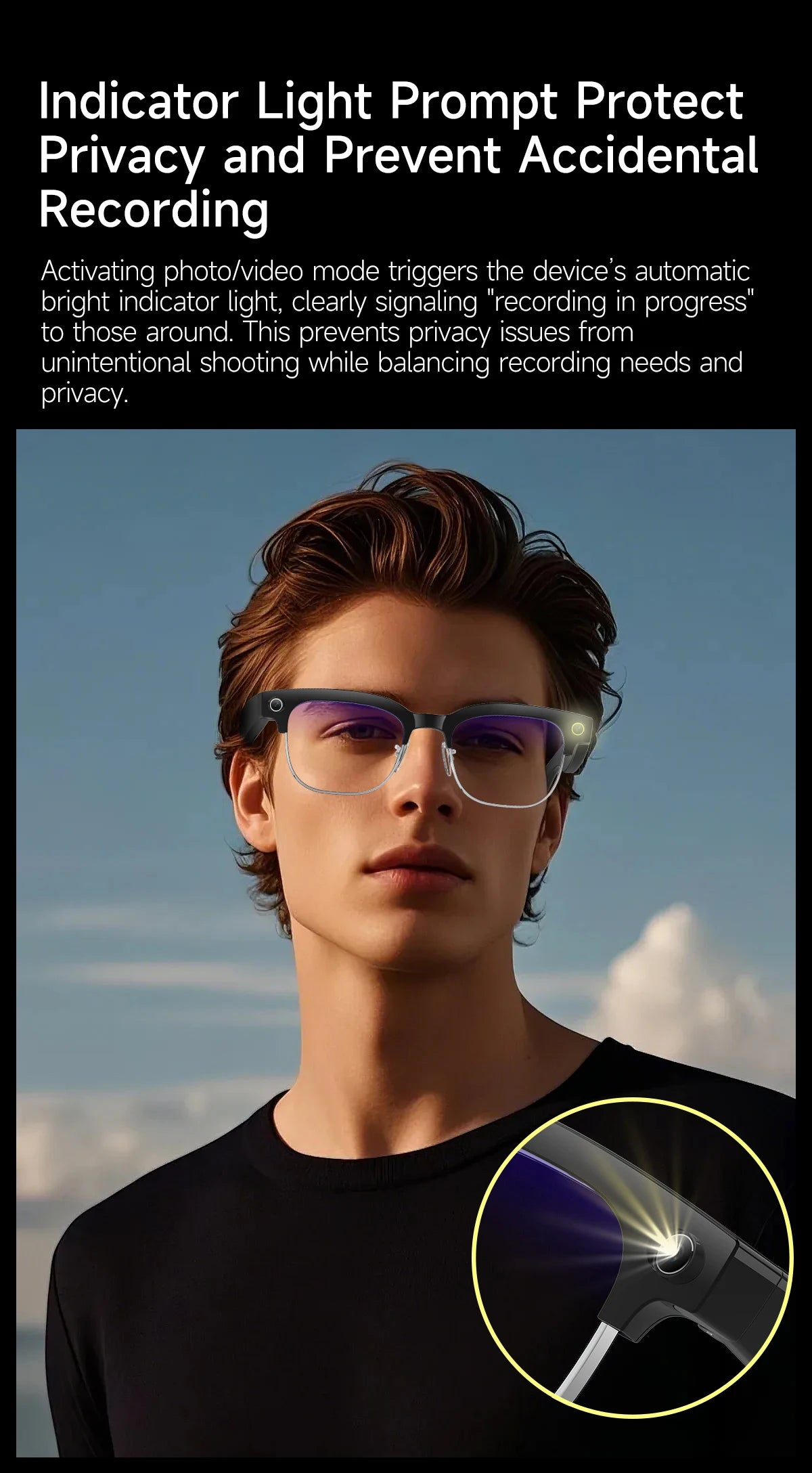 Person wearing glasses with a highlighted feature and text about indicator light, privacy, and recording.