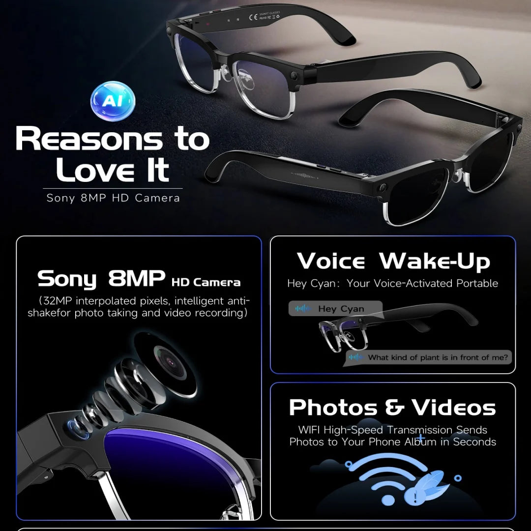 Smart glasses with Sony 8MP HD camera, voice wake-up feature, and photo/video transmission capabilities on a dark background.