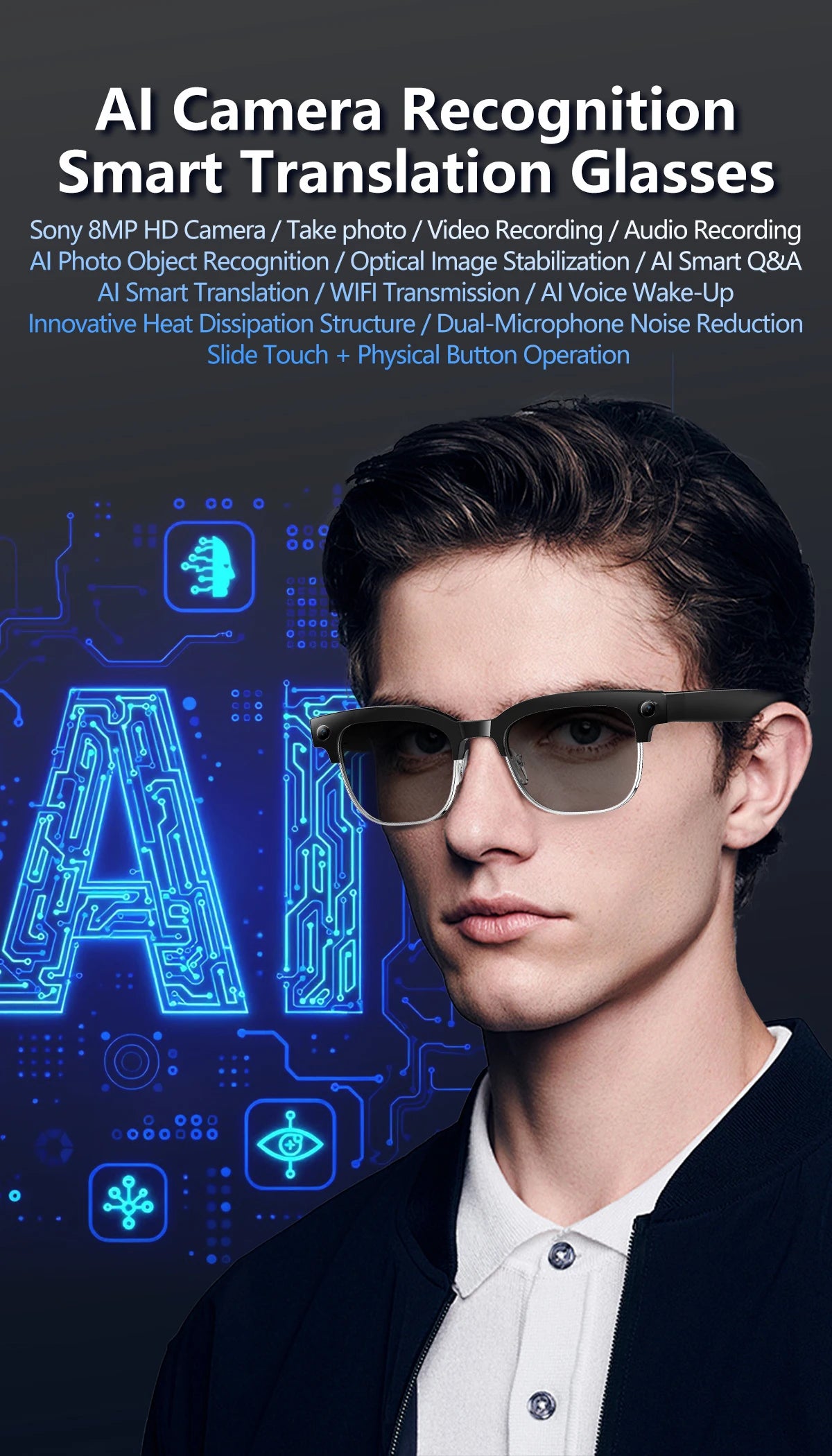 Smart translation glasses with a person wearing them, set against a dark background with blue digital graphics.
