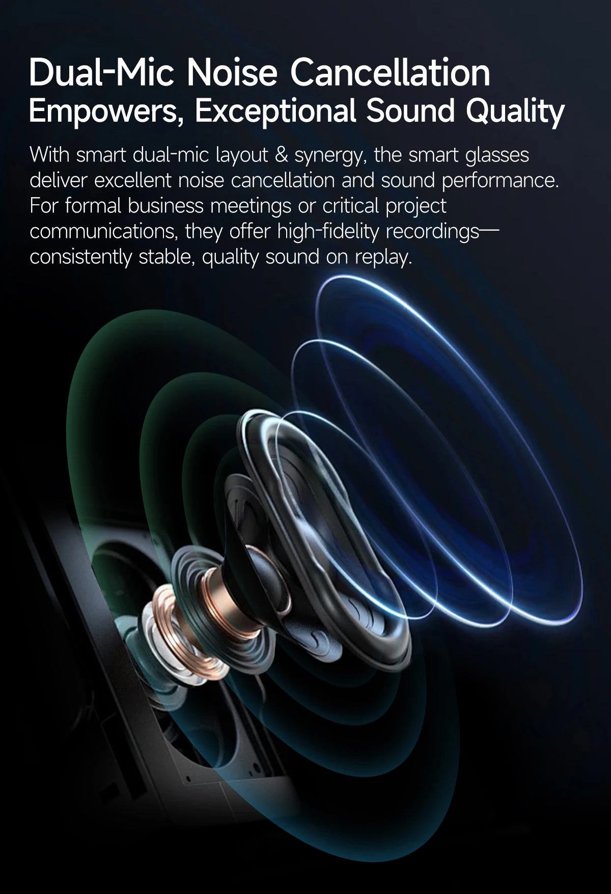 Smart glasses with dual-mic noise cancellation technology on a dark background