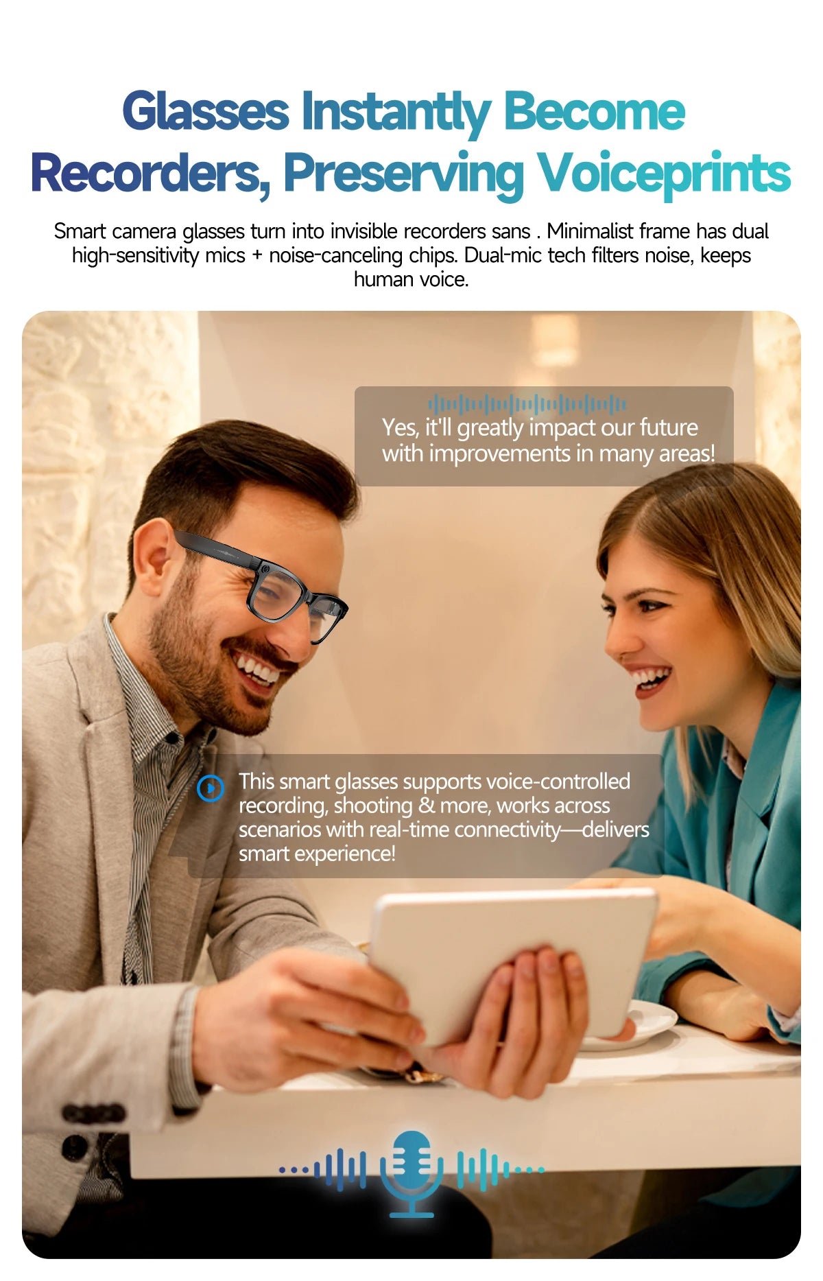 Two people using a tablet with text about smart camera glasses transforming into recorders.