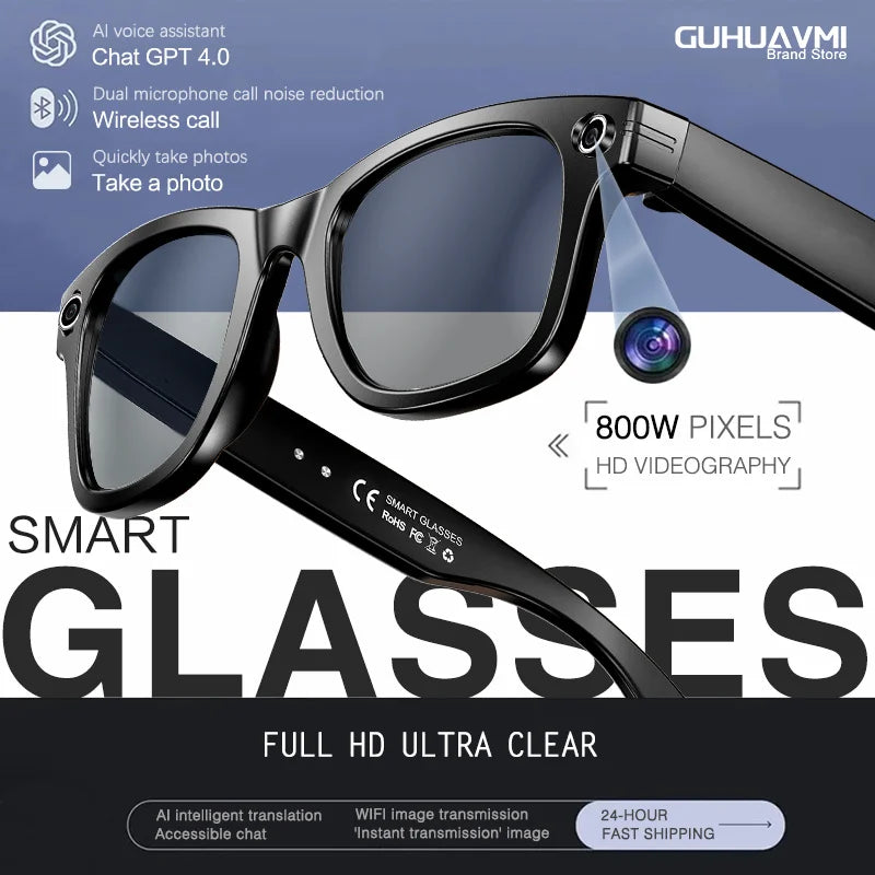 Smart glasses with camera lens on a white and blue background, featuring GUHUAVMI brand.
