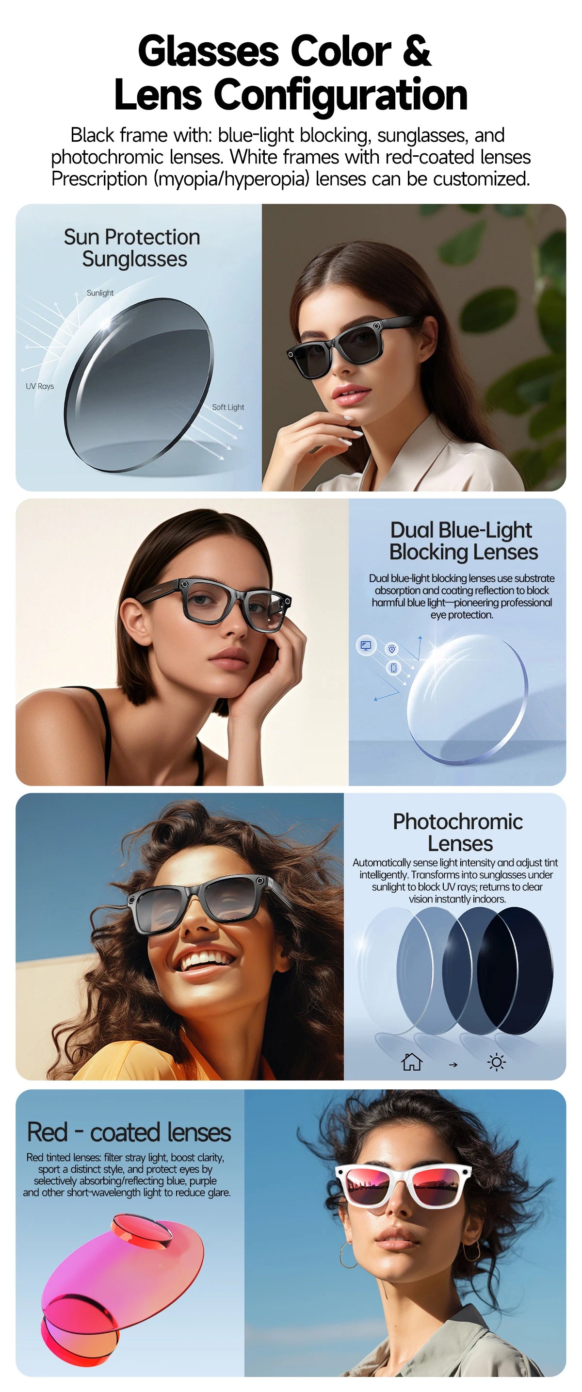 Glasses color and lens configuration with images of people wearing different types of glasses.