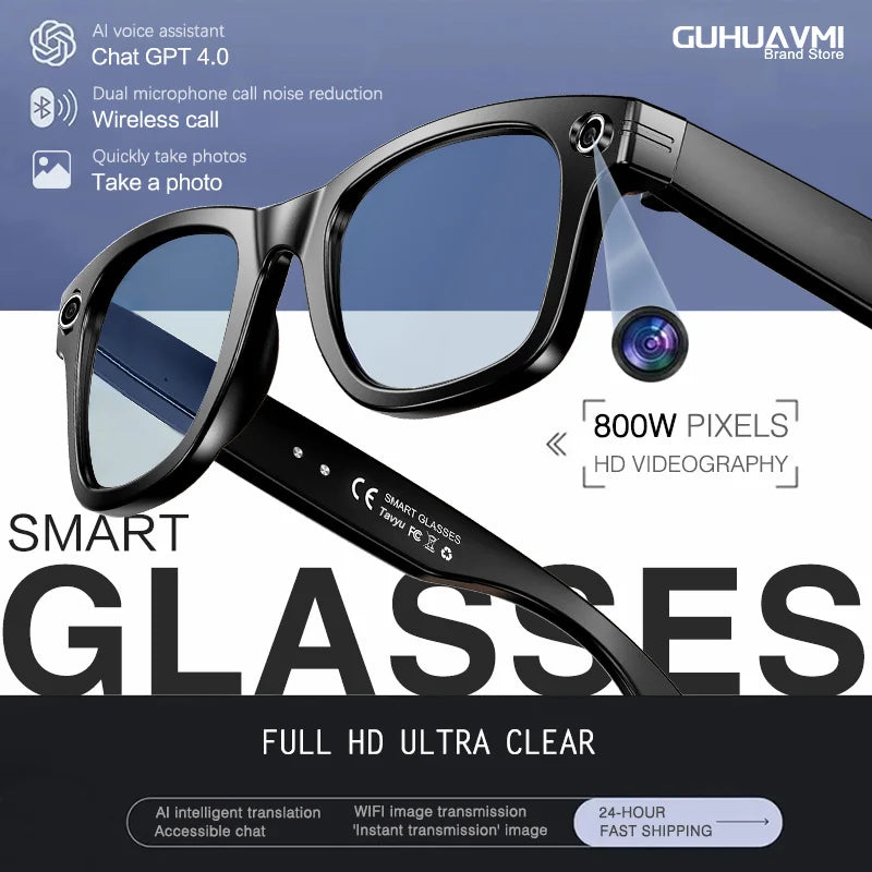 Smart glasses with features listed on a blue and white background
