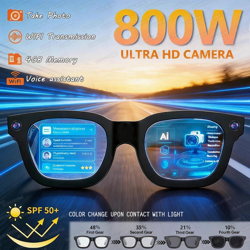 Smart glasses with digital display on a road background, featuring 800W Ultra HD camera and other features.