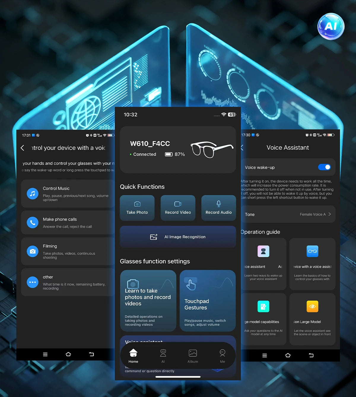 Smart device interface with app screens on a futuristic background