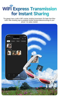 Sunglasses with a built-in WiFi module for instant photo sharing, displayed against a scenic background.