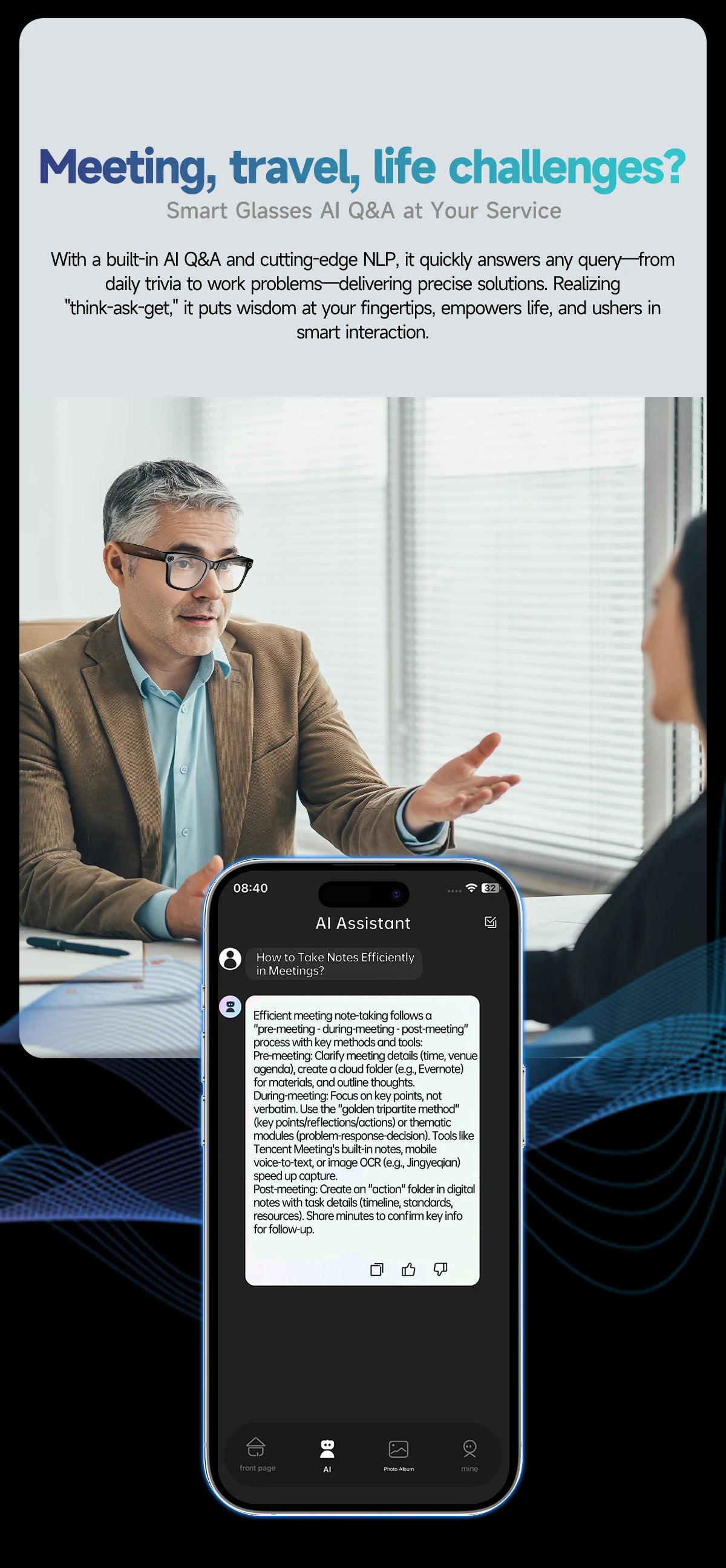 Smart glasses with AI assistant app on a smartphone displaying text, used for meeting, travel, and life challenges.