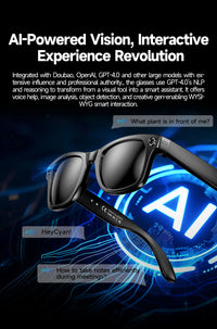 Smart glasses with AI integration on a dark background with glowing text and graphics.