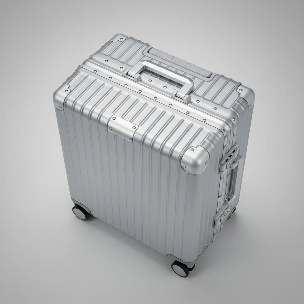 High-angle top view of The Aero-PC Vanguard — Carbon-Texture Frame Case in Palladium Silver. This image highlights the robust Aero-Aluminum zipperless frame, the integrated mechanical handle, and the riveted corner reinforcements that provide superior impact protection and structural rigidity for elite travelers.