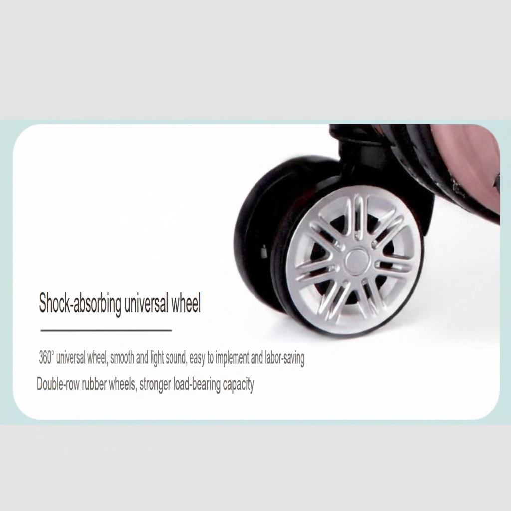 Close-up of an Aeria Prestige stroller wheel with silver multi-spoke rim and black tire, showcasing shock-absorbing universal wheel technology on a white background.