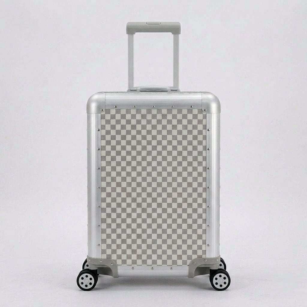 Front view of Aeria Prestige The Monarch aluminum travel case in Alabaster White Damier checkered pattern, showcasing its metallic frame, corner protectors, and smooth spinner wheels.