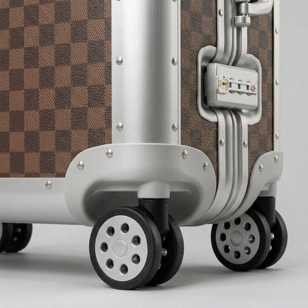 Close-up detail of Aeria Prestige The Monarch aluminum travel case showcasing smooth spinner wheels, reinforced corner riveting, and an integrated TSA-approved combination lock in Damier brown design.