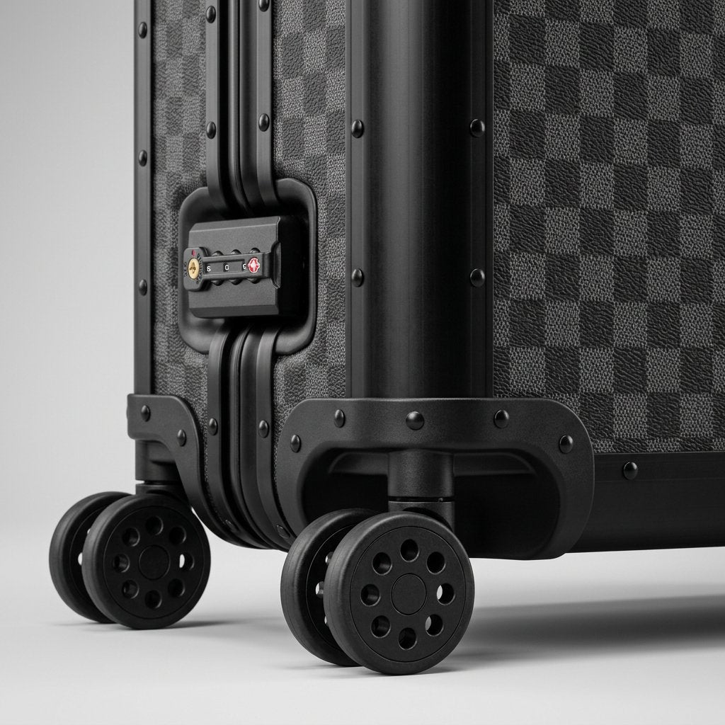 Detailed close-up of the Aeria Prestige The Monarch aluminum travel case, highlighting the Matte Obsidian Damier finish, robust corner riveting, smooth spinner wheels, and integrated TSA combination lock.