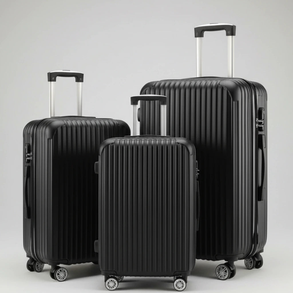 Aeria Prestige The Vantage 3-piece black hardside luggage set, sizes 20, 24, and 28 inch.