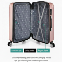 Technical view of an open Rose Gold Aeria Prestige The Vantage hardshell suitcase on a white background, highlighting the compartment zipper, lining buckle, and repair zipper features.