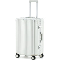 Full-length side view of The Aero-PC Vanguard — Carbon-Texture Frame Case in the clean Alabaster White finish. Designed by AERIA PRESTIGE, this travel case features a high-resilience PC-Matrix shell, a heavy-duty Aero-Aluminum zipperless frame, and integrated dual-latch TSA security locks, combining pure aesthetics with durable performance.