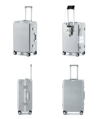Composite product views of The Aero-PC Vanguard — Carbon-Texture Frame Case in Palladium Silver. This image highlights the suite of executive utilities, including the integrated power gateway for fast-charging, the flush-fit rear utility holder for beverages, and the secure dual-latch zipperless mechanical closure system.