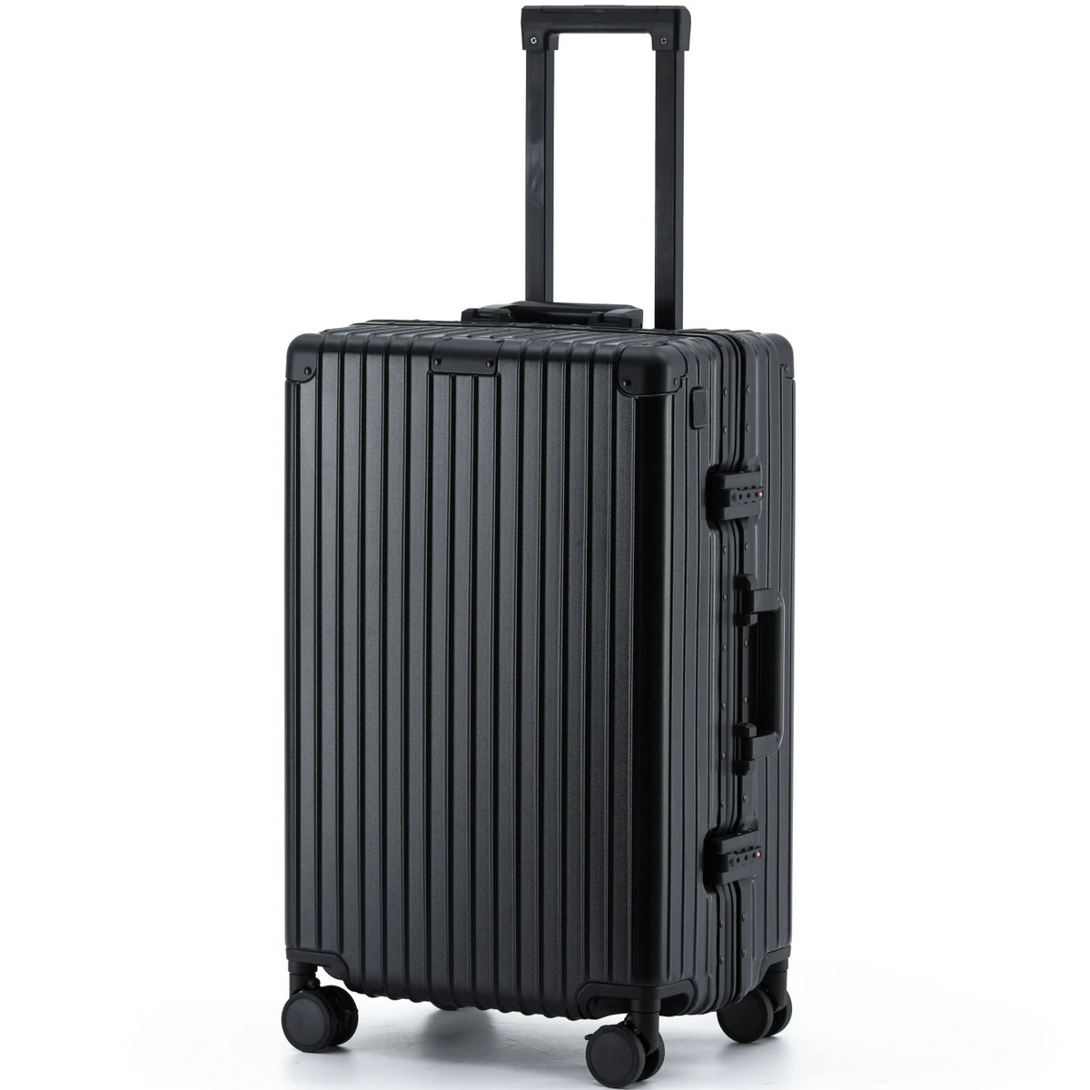 Full-length side view of The Aero-PC Vanguard — Carbon-Texture Frame Case in Matte Obsidian. This high-resilience travel case by AERIA PRESTIGE features a high-tensile PC-Matrix shell with a carbon texture, reinforced by a heavy-duty Aero-Aluminum zipperless frame, integrated TSA locks, and a retractable handle.