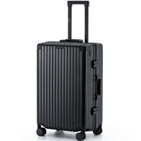 Full-length side view of The Aero-PC Vanguard — Carbon-Texture Frame Case in Matte Obsidian. This high-resilience travel case by AERIA PRESTIGE features a high-tensile PC-Matrix shell with a carbon texture, reinforced by a heavy-duty Aero-Aluminum zipperless frame, integrated TSA locks, and a retractable handle.