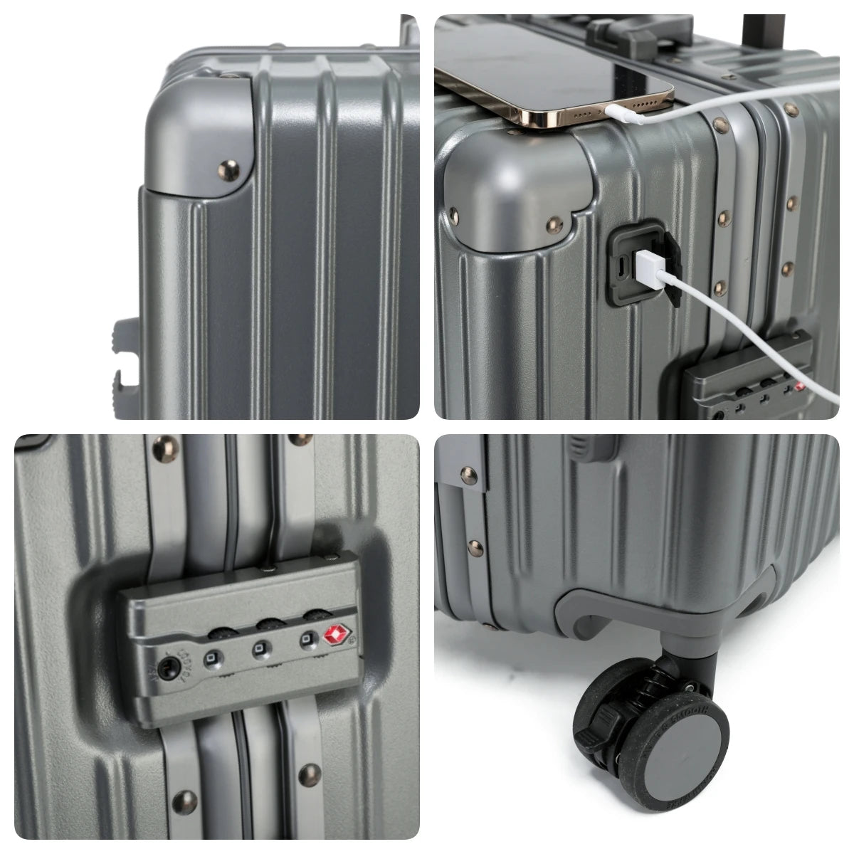 Close-up composite views of The Aero-PC Vanguard — Carbon-Texture Frame Case in Astral Grey, focusing on its premium construction. The image details the riveted corner reinforcements, the integrated USB fast-charge power gateway, the secure dual-latch TSA-approved lock, and the durable multi-directional spinner wheel system.