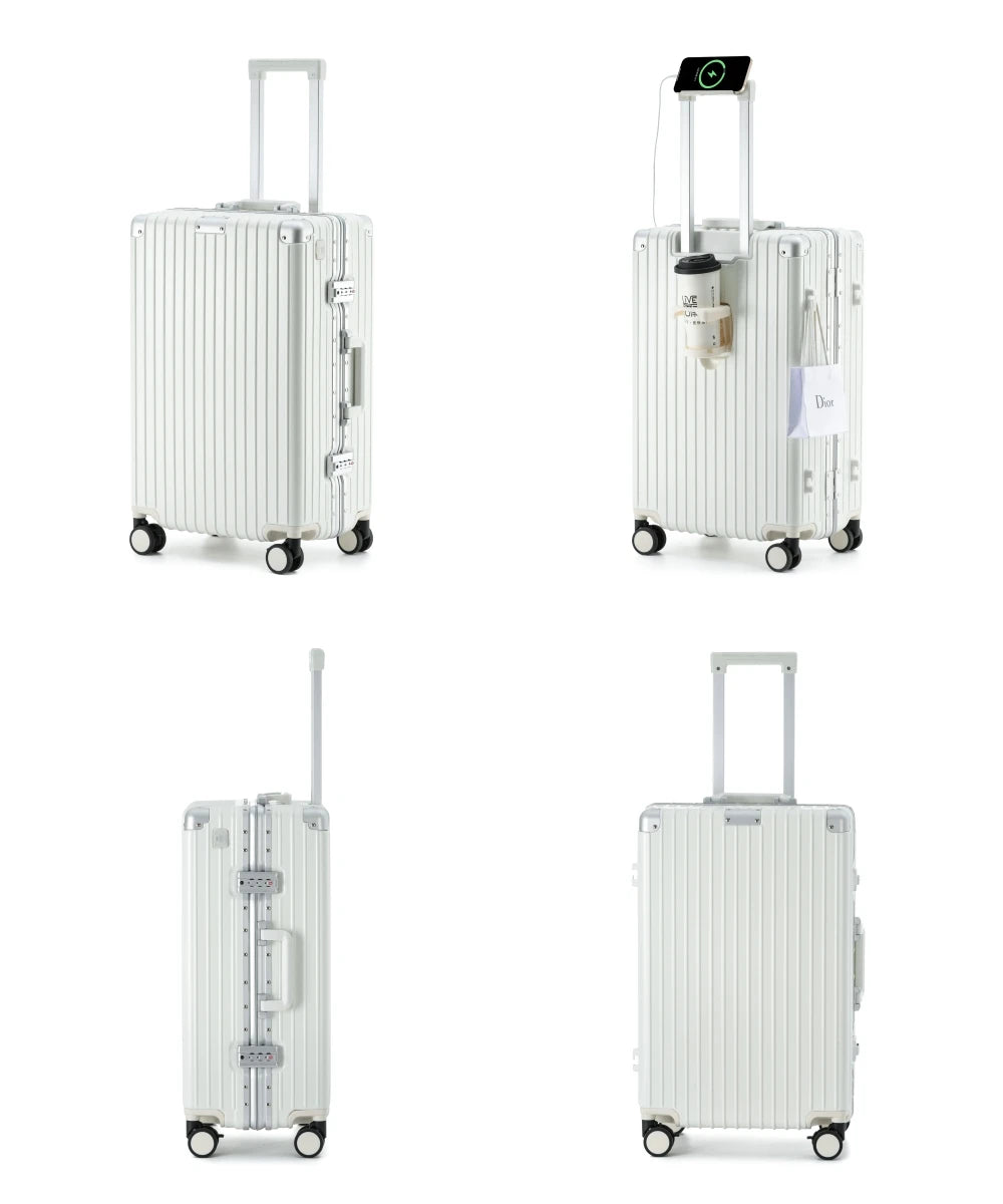 Composite product views of The Aero-PC Vanguard — Carbon-Texture Frame Case in Alabaster White. This visual summary showcases the suitcase from multiple angles, highlighting its signature executive utilities including the integrated fast-charge power gateway and the flush-fit rear utility holder, all set against a clean, premium off-white finish.