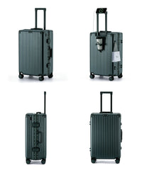 Composite product views of The Aero-PC Vanguard — Carbon-Texture Frame Case in Emerald Jade. This visual summary showcases the suitcase's high-resilience design, featuring the integrated power gateway for fast-charging, the flush-fit fold-out utility holder, and the secure dual-latch zipperless mechanical closure system, set against a sophisticated deep forest green anodized profile.
