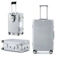 Composite product view of The Aero-PC Vanguard — Carbon-Texture Frame Case in Palladium Silver. The image displays the suitcase from three angles: a rear view highlighting the integrated power gateway with a phone charging, a side view showing the fold-out utility holder with a cup, and a front three-quarter view.