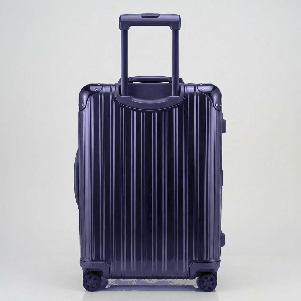 Rear view of The Masterpiece Legacy aluminum luggage by AERIA PRESTIGE in Abyssal Blue, showing the fully extended telescopic trolley handle, aerospace-grade alloy hardshell, and silent spinner wheels.