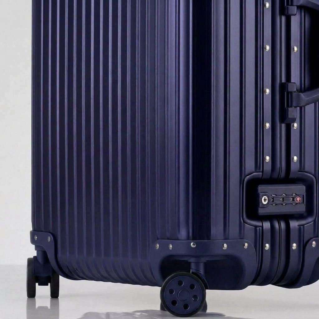 Close-up view of the integrated TSA-approved lock and silent multi-directional spinner wheels on The Masterpiece Legacy aluminum luggage by AERIA PRESTIGE in Abyssal Blue.