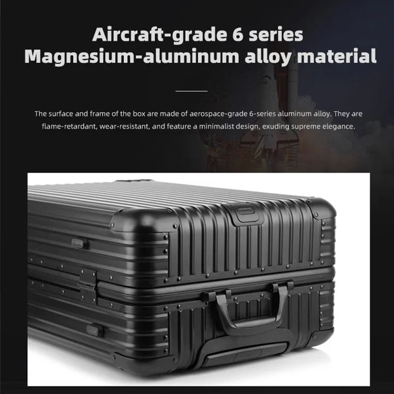 Side view of The Masterpiece — The Legacy Aluminum Luggage by AERIA PRESTIGE, showcasing the sleek, minimalist frame crafted from aerospace-grade 6-series aluminum-magnesium alloy. This high-end, flame-retardant, and wear-resistant suitcase represents the pinnacle of luxury travel gear.