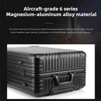 Side view of The Masterpiece — The Legacy Aluminum Luggage by AERIA PRESTIGE, showcasing the sleek, minimalist frame crafted from aerospace-grade 6-series aluminum-magnesium alloy. This high-end, flame-retardant, and wear-resistant suitcase represents the pinnacle of luxury travel gear.