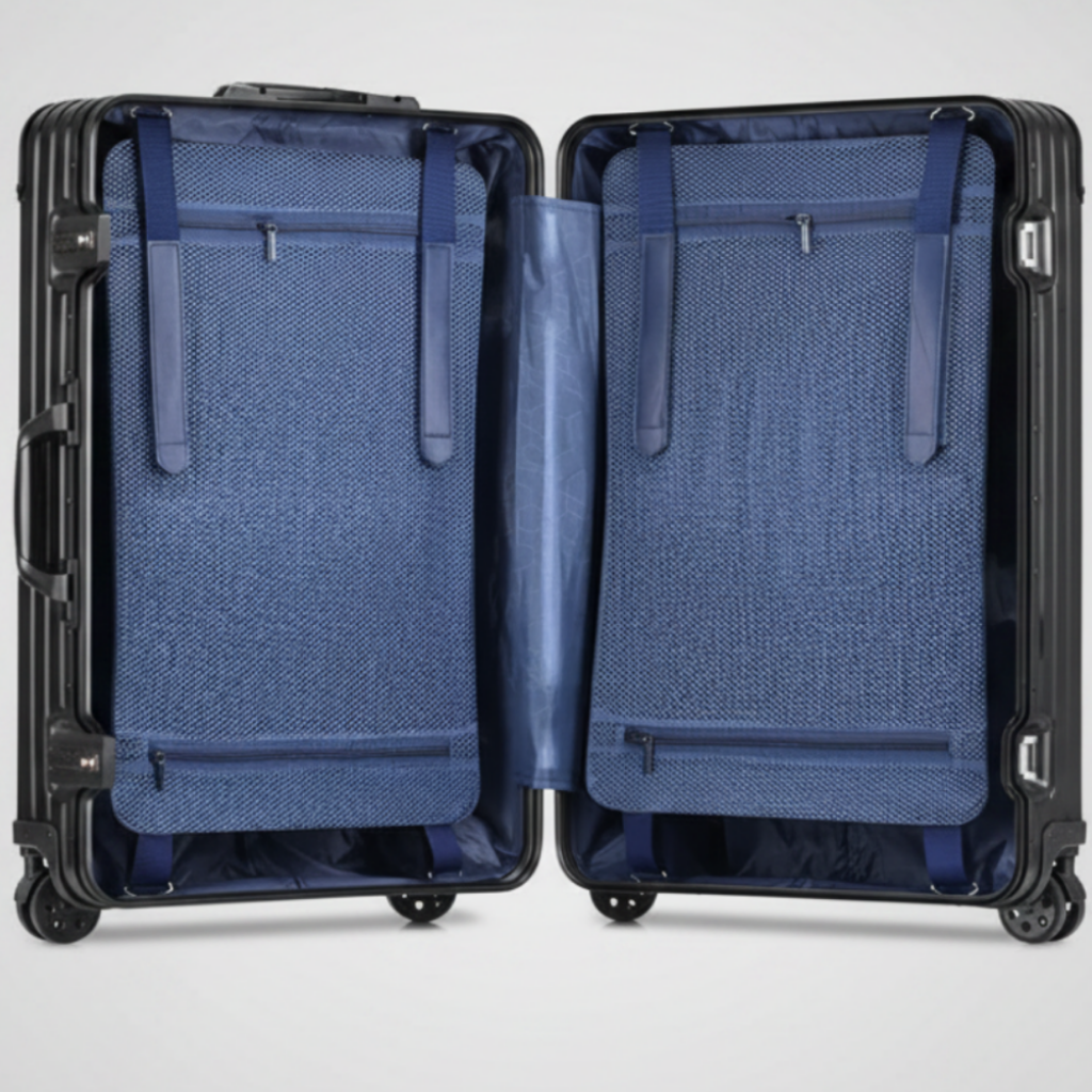A studio view of The Masterpiece — The Legacy aluminum-magnesium alloy travel case in Deep Azure, shown open against a clean white background. The interior features the modular compression system with high-density straps, revealing the organized layout designed for executive travel. The exterior metallic shell showcases its signature grooved, zipperless design. No external branding is visible on the suitcase.