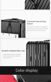 Composite product feature image for The Masterpiece — The Legacy Aluminum Luggage. It highlights a retractable add-a-bag hook, protective scratch-resistant floor studs, and a color display showing the metallic finish options of the AERIA PRESTIGE series.